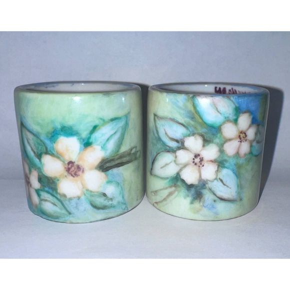 Vintage Handpainted Porcelain Candleholder, Saucers, Napkin Holder Rings, Signed - Picture 11 of 14